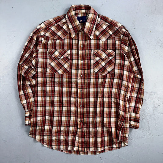 Vintage Panhandle 80s Western Shirt Pearl Snap Buttons Plaid Mens L 16.5 USA
