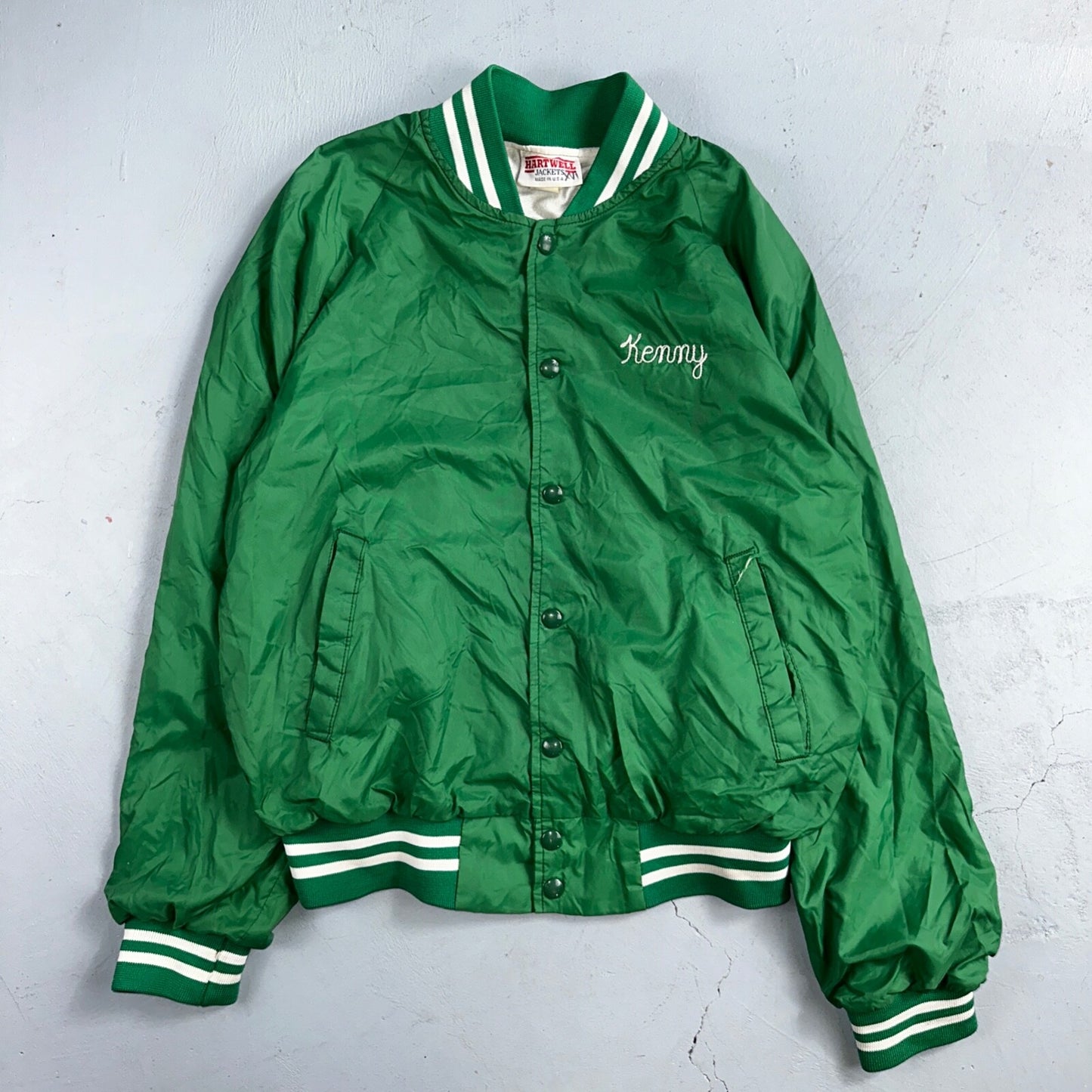 Vintage East Bay Classic Starter Satin Jacket Nylon 80s Green Chainstitch Cars