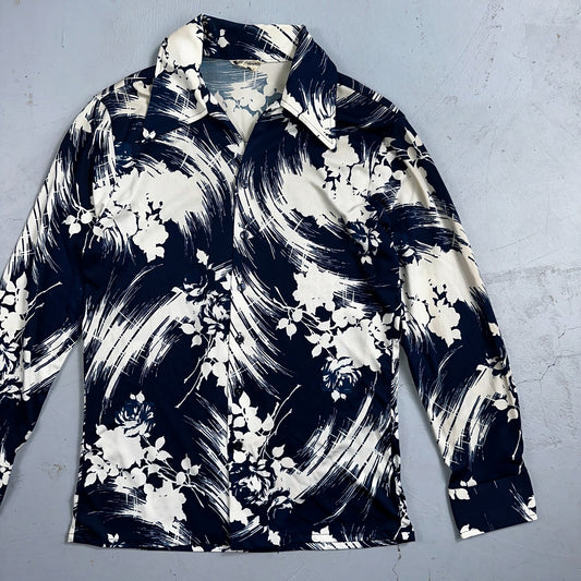 1970s Hawaiian Long Sleeve Floral Waves Button Down Shirt Medium 70s Rockabilly