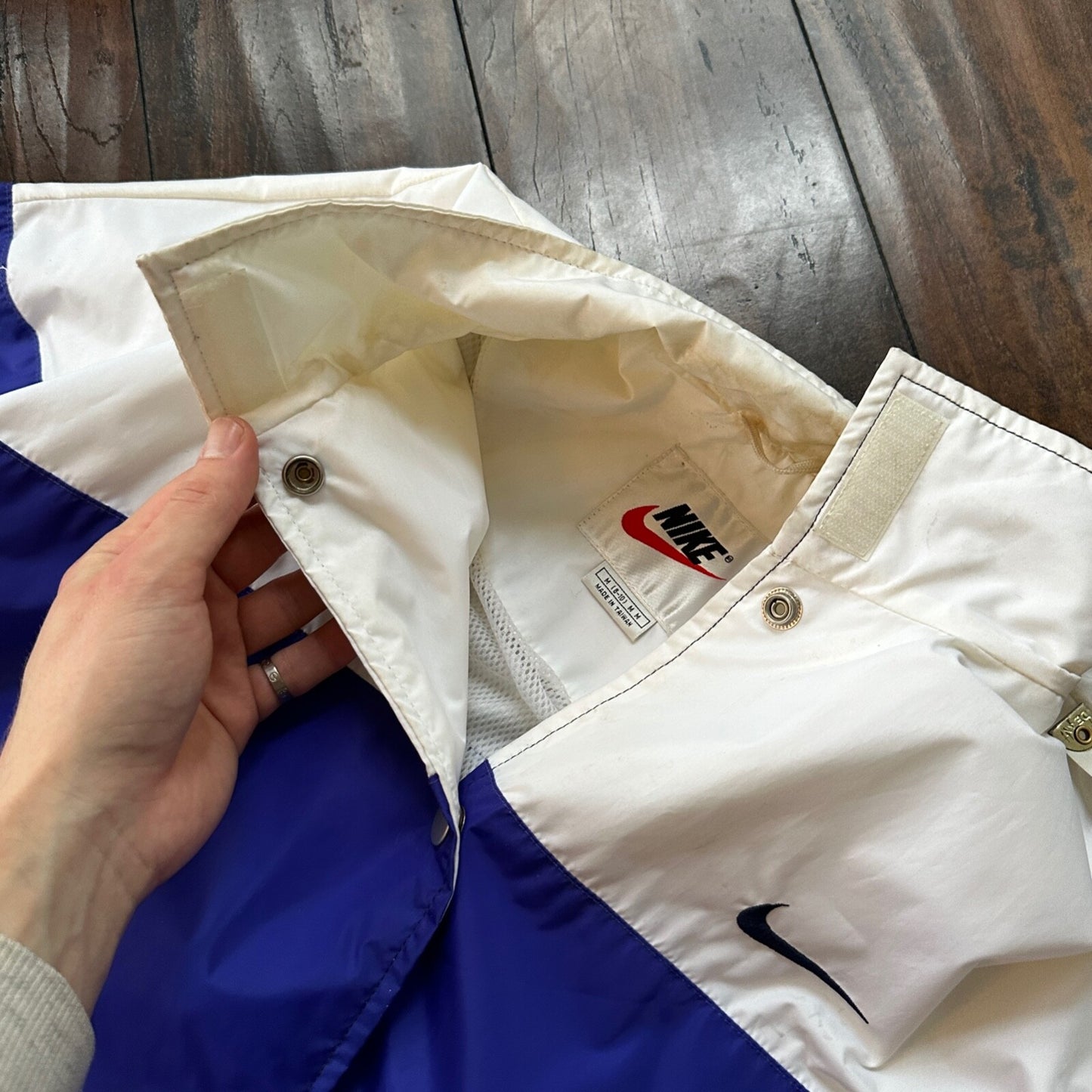 VTG Nike Jacket Mens M Windbreaker Colorblock Purple Black Big Swoosh Logo 90s