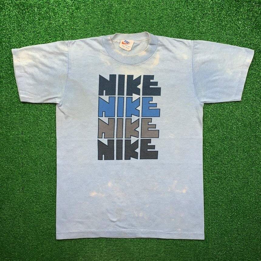 Vintage Nike T Shirt USA Rare Thrashed Blue Travis Block Print Quad Pinwheel 70s