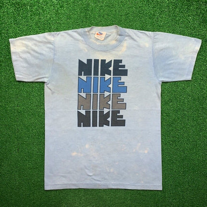 Vintage Nike T Shirt USA Rare Thrashed Blue Travis Block Print Quad Pinwheel 70s