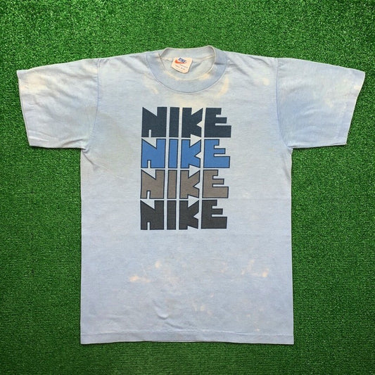 Vintage Nike T Shirt USA Rare Thrashed Blue Travis Block Print Quad Pinwheel 70s