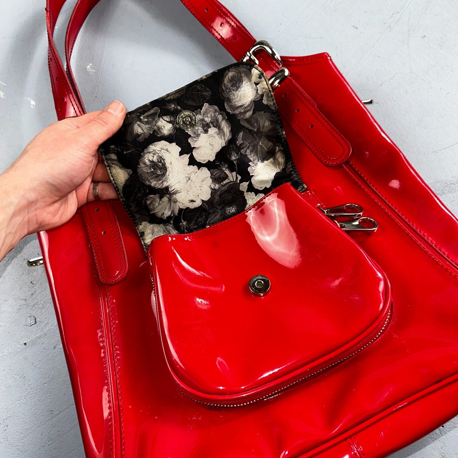 Ted Baker Red Patent Leather Quilted Large Stitch Tote Bag Purse Statement Y2K