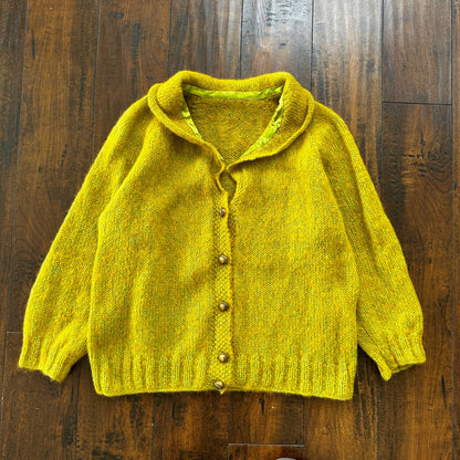 VTG 1960s Green Yellow Pukey Knit Cardigan Sweater Rockabilly 60s Wool Grunge