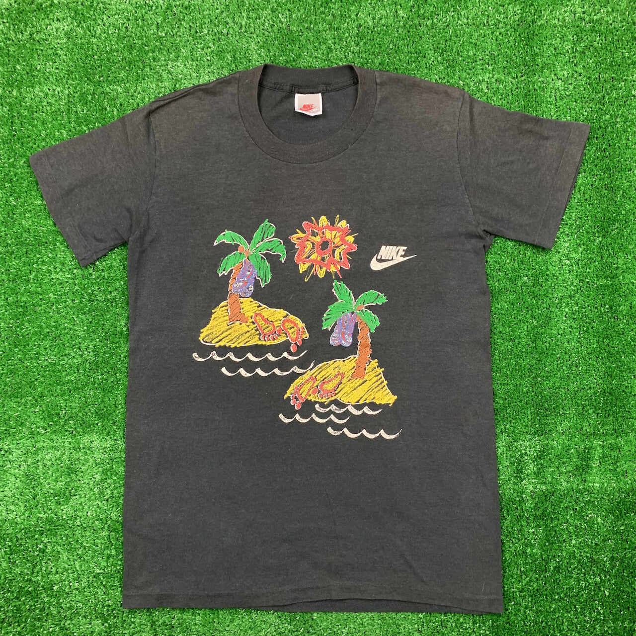 Nike Vintage T Shirt Mens Palm Tree Beach Sandals Florida Beach Summer 80s Black