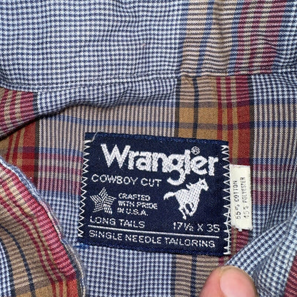 Wrangler VTG Shirt Mens 17.5x35 Plaid Cowboy Cut Pearl Snap Long Tail Rodeo