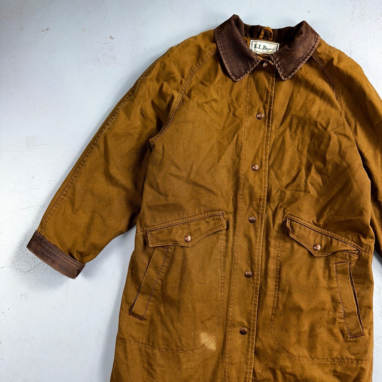 Vintage LL Bean Aztec Fleece Lined Womens Canvas Long Button Duster Coat M