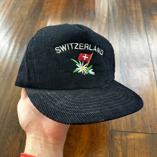 Corduroy Switzerland Black Vintage Hat Cap Snapback Flag Europe Travel USA Love
