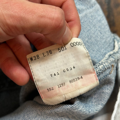 VTG 90s Levis 501 Button Fly 38x36 USA Tag Jeans Straight Wash Blue XX Act 35x32