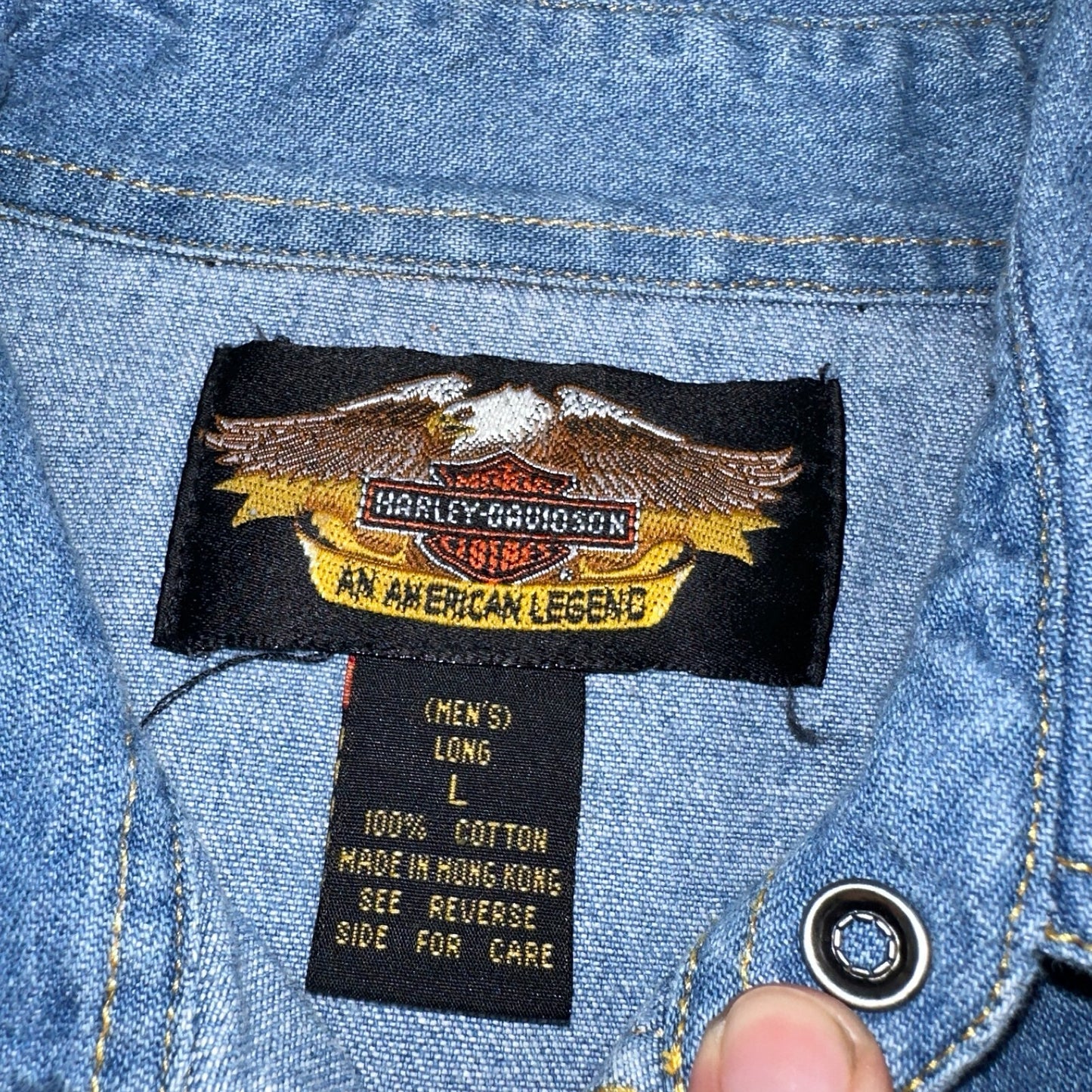 Harley Davidson Shirt Mens Large Long Blue Pearl Snap 90s Vintage Motor