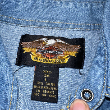 Harley Davidson Shirt Mens Large Long Blue Pearl Snap 90s Vintage Motor