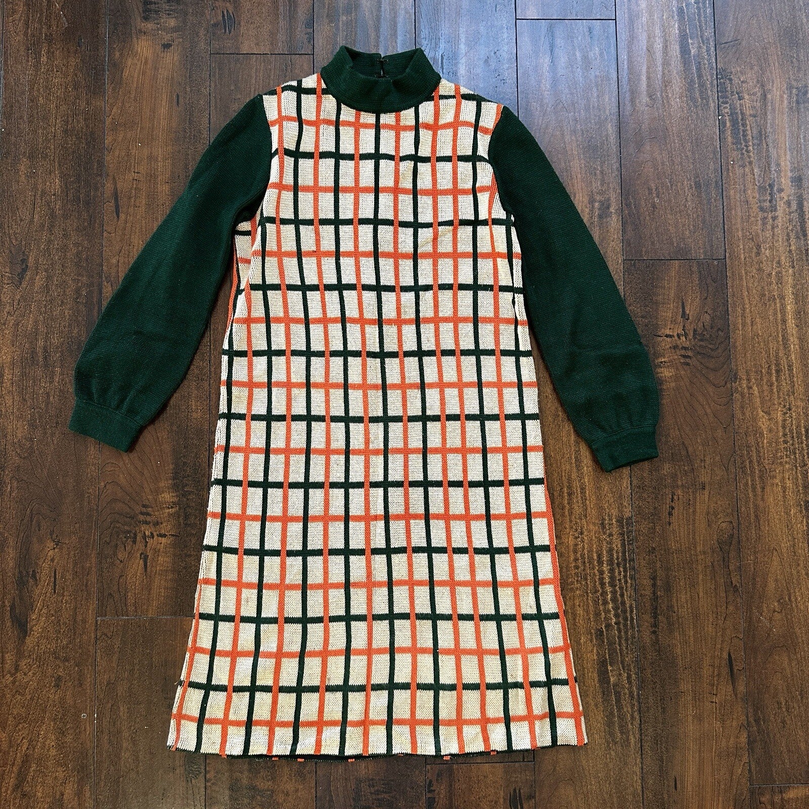 Silverworm Vintage Rockabilly Orange Green Dress Sweater 1960s 60s Checker