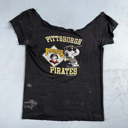 Pittsburgh Pirates Snoopy VTG T Shirt Chopped 80s Baseball Cool Black Graphic