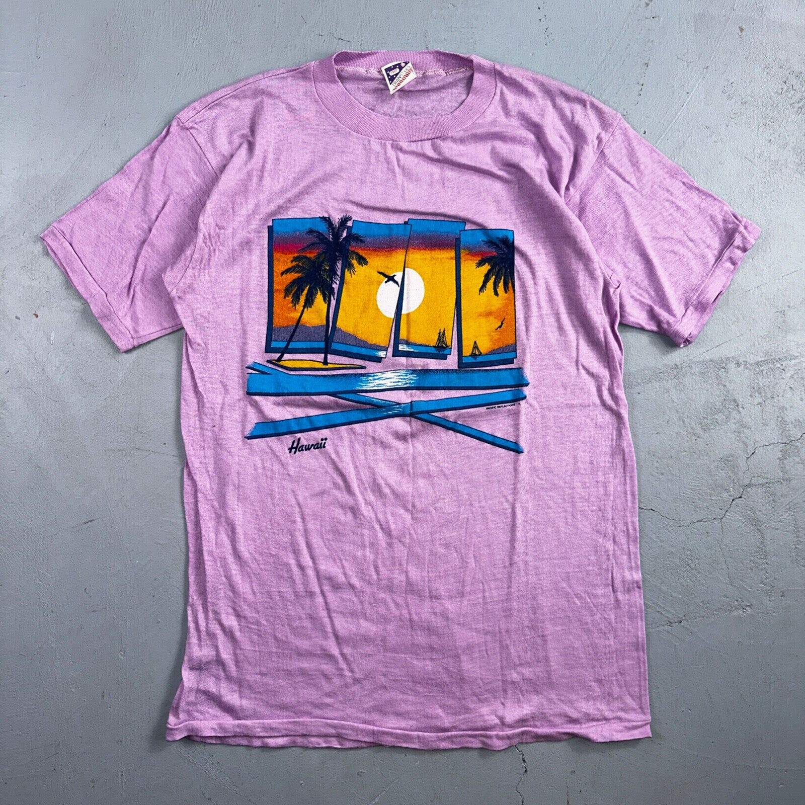 Hawaii Graphic Single Stitch VTG T Shirt Sunset Palm Trees Purple 90s Graphic