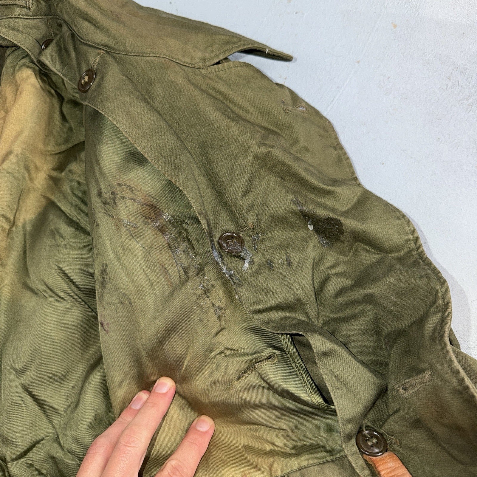 1950 US Army OD-7 Overcoat Cotton No Liner Korean War Trench Coat Belted OG 107