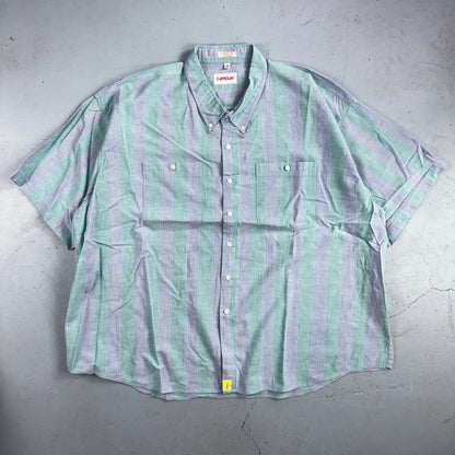 VTG 80s Campus Blue Green Boxy 3XL Short Sleeve Button Up Shirt Preppy Striped
