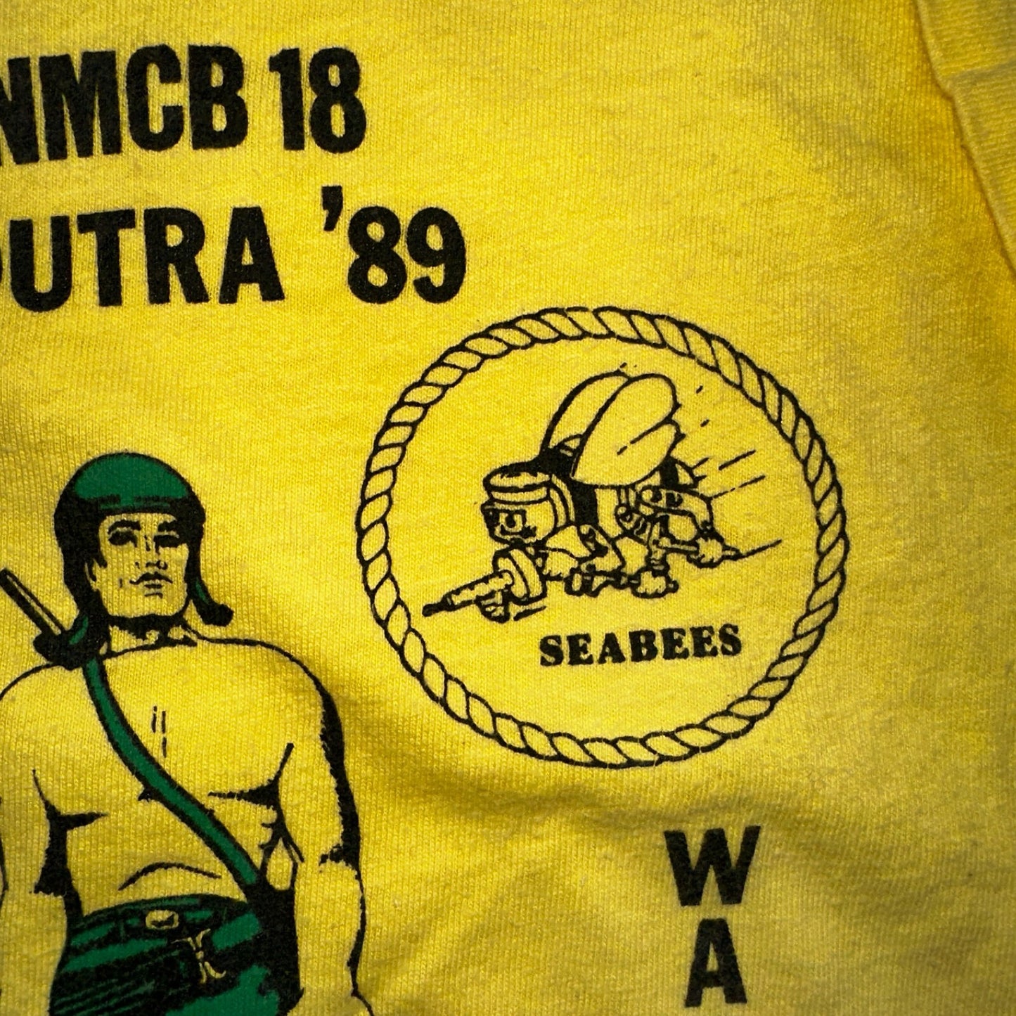 Emerald Warrior 80s Hanes VTG T Shirt Bees Yellow Seabees RNMCB 18 Acdutra Army