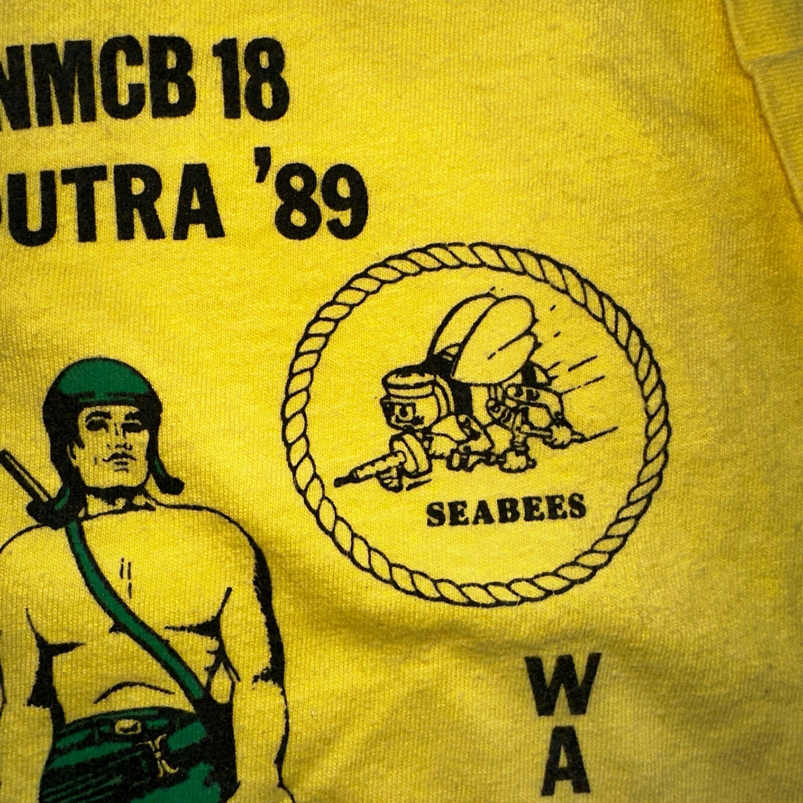 Emerald Warrior 80s Hanes VTG T Shirt Bees Yellow Seabees RNMCB 18 Acdutra Army