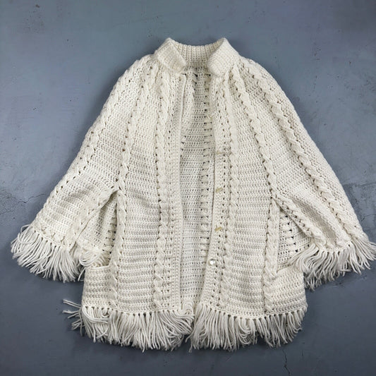 Knit Scarf White Cardigan Shawl Wrap Romantic Fringe VTG Chic Cottage Core