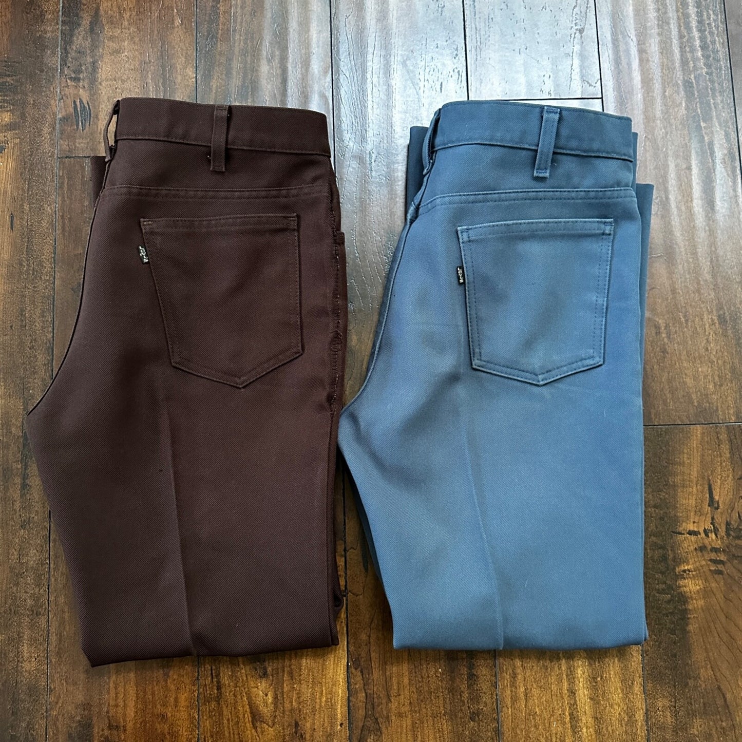 VTG Levis 517 Lot 2 Blue + Brown Polyester Pants Black Gold Tab 34x30 Act 32x28