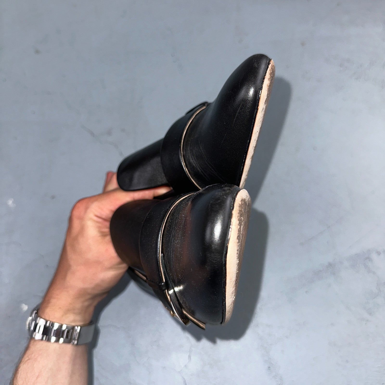 Kate Spade Alia Black Block Heel Pump 9.5 Leather Chunky Silver Tone Buckle