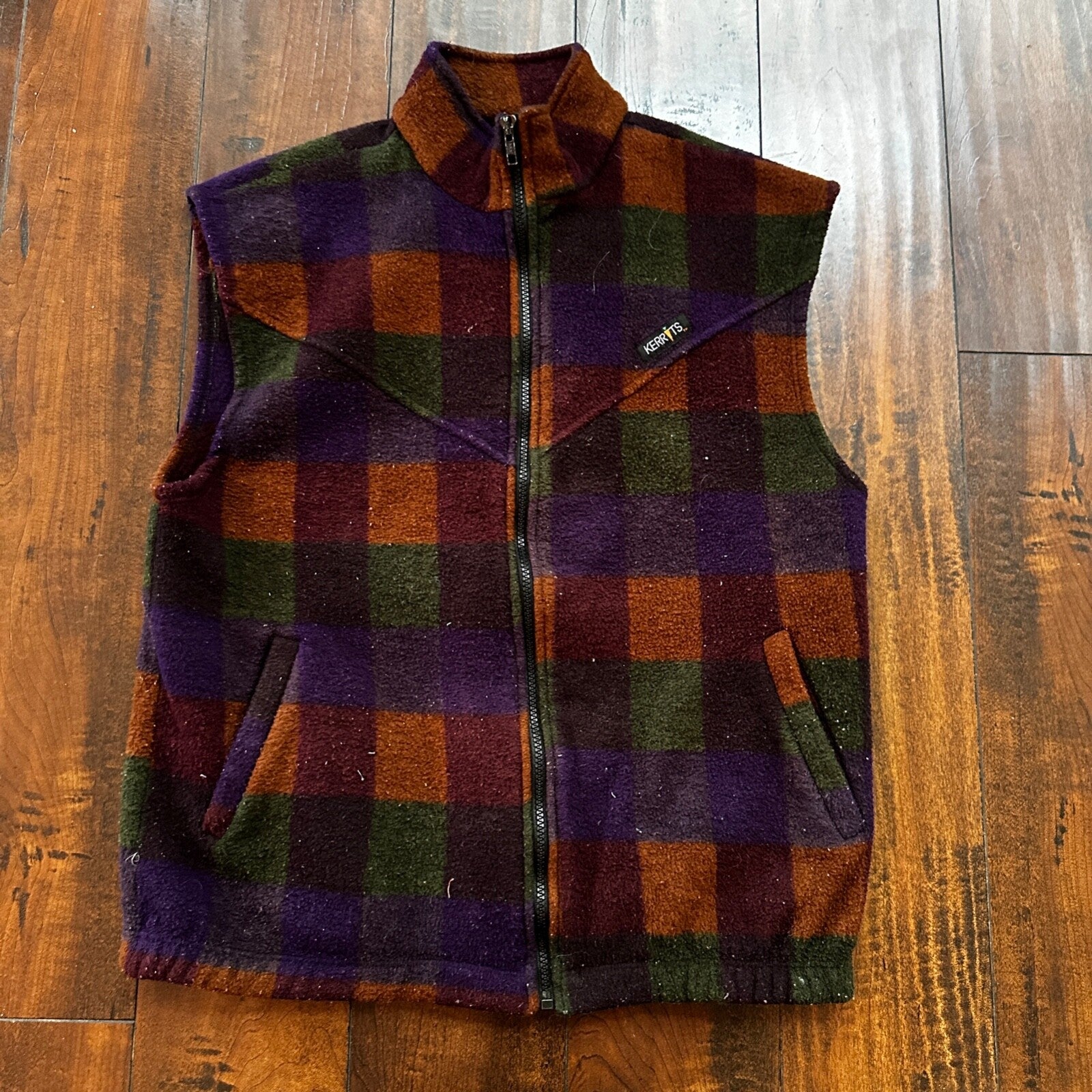 VTG 1990s Kerrits Full Zip Fleece Vest Medium Made in USA Checkerboard Plaid Fal