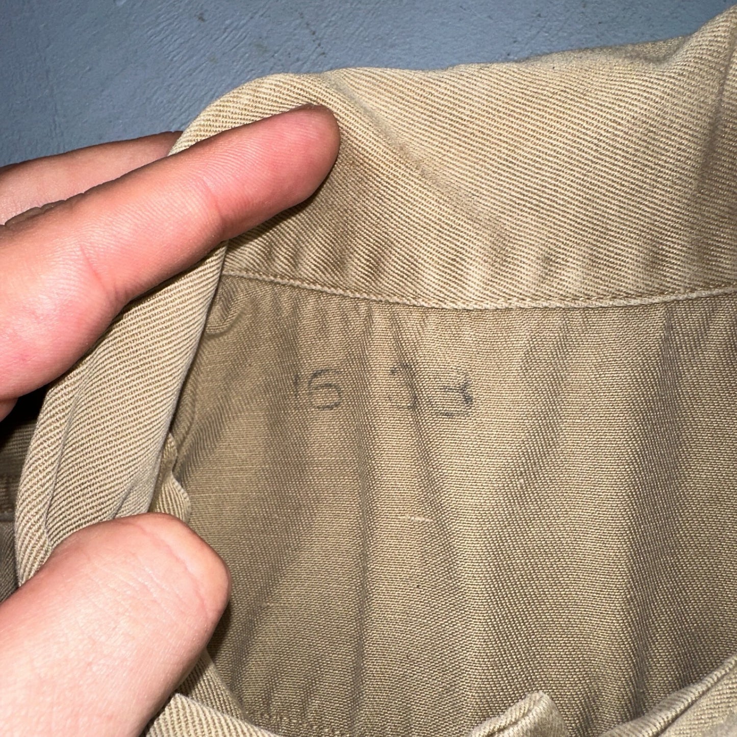 Vintage 40s WWII Gusset Khaki Work Army Military Button Shirt Stencil USN