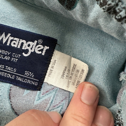 Wrangler VTG Aztec All Over Print Cowboy Cut Button Up Shirt Mens 16.5 USA