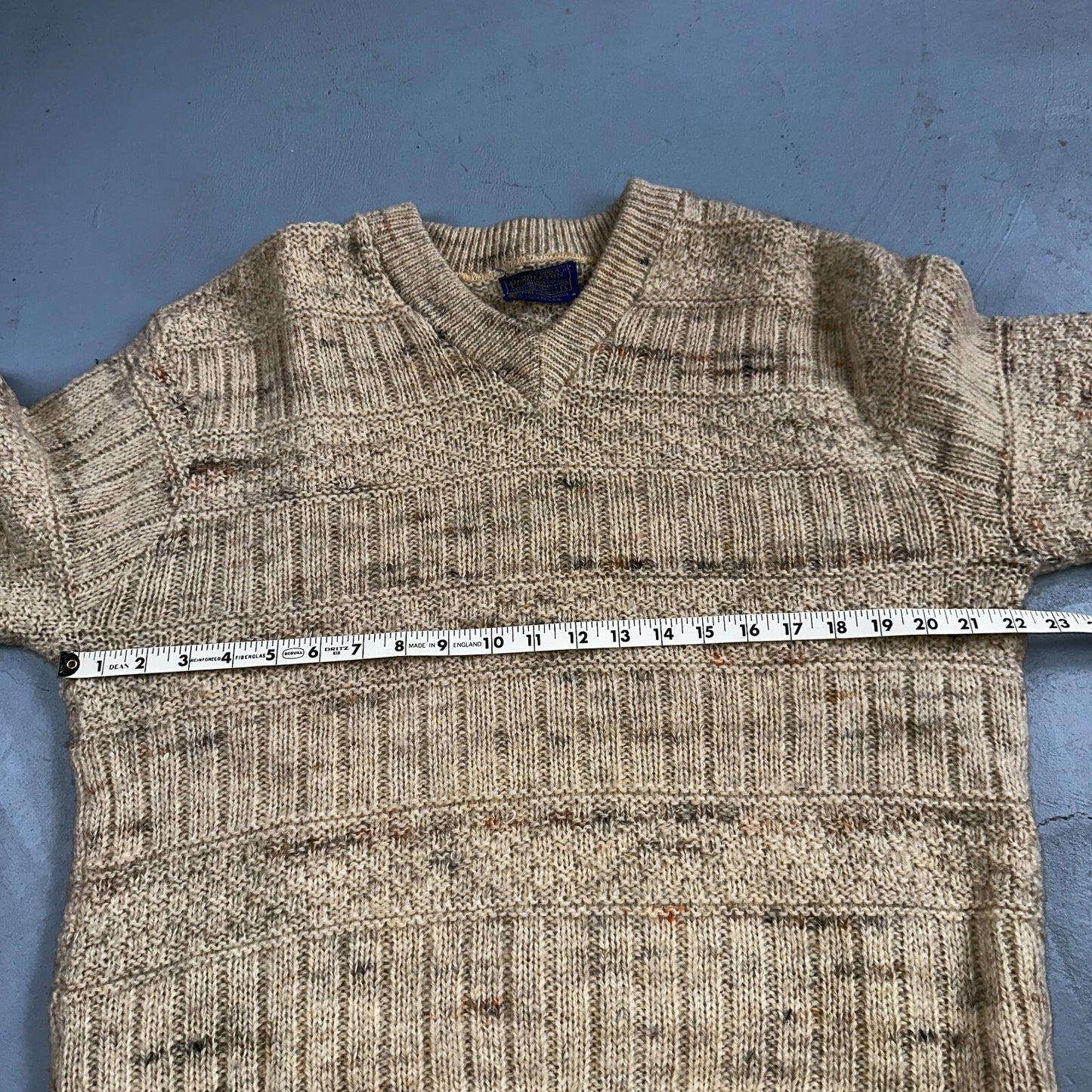 Pendleton VTG Womens V Neck Pullover Wool Sweater Ivory 1970s 70s L Fisherman