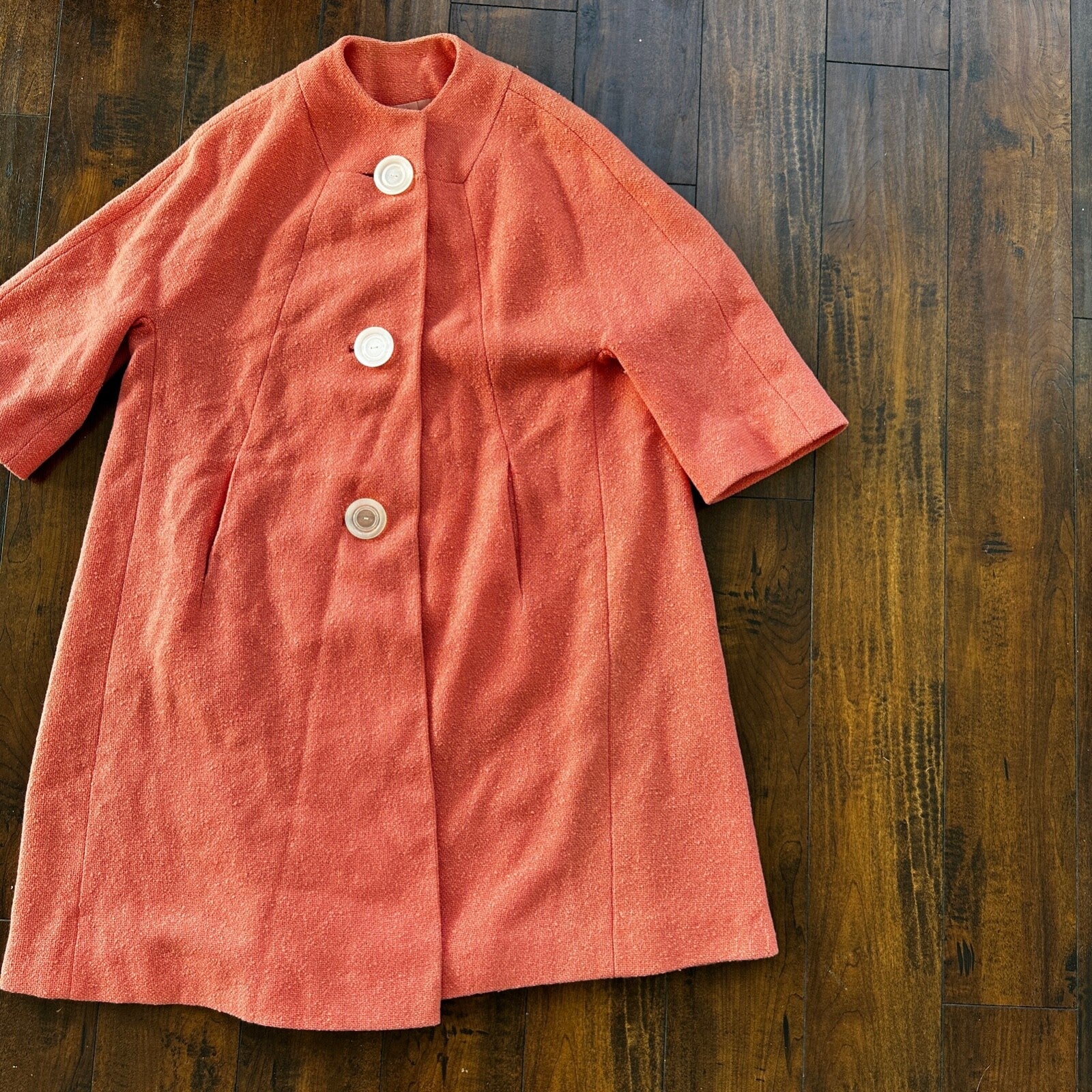 VTG 70s Overcoat Coat Pink Wool Union Made Pom Pom Northfield Rockabilly 1970s