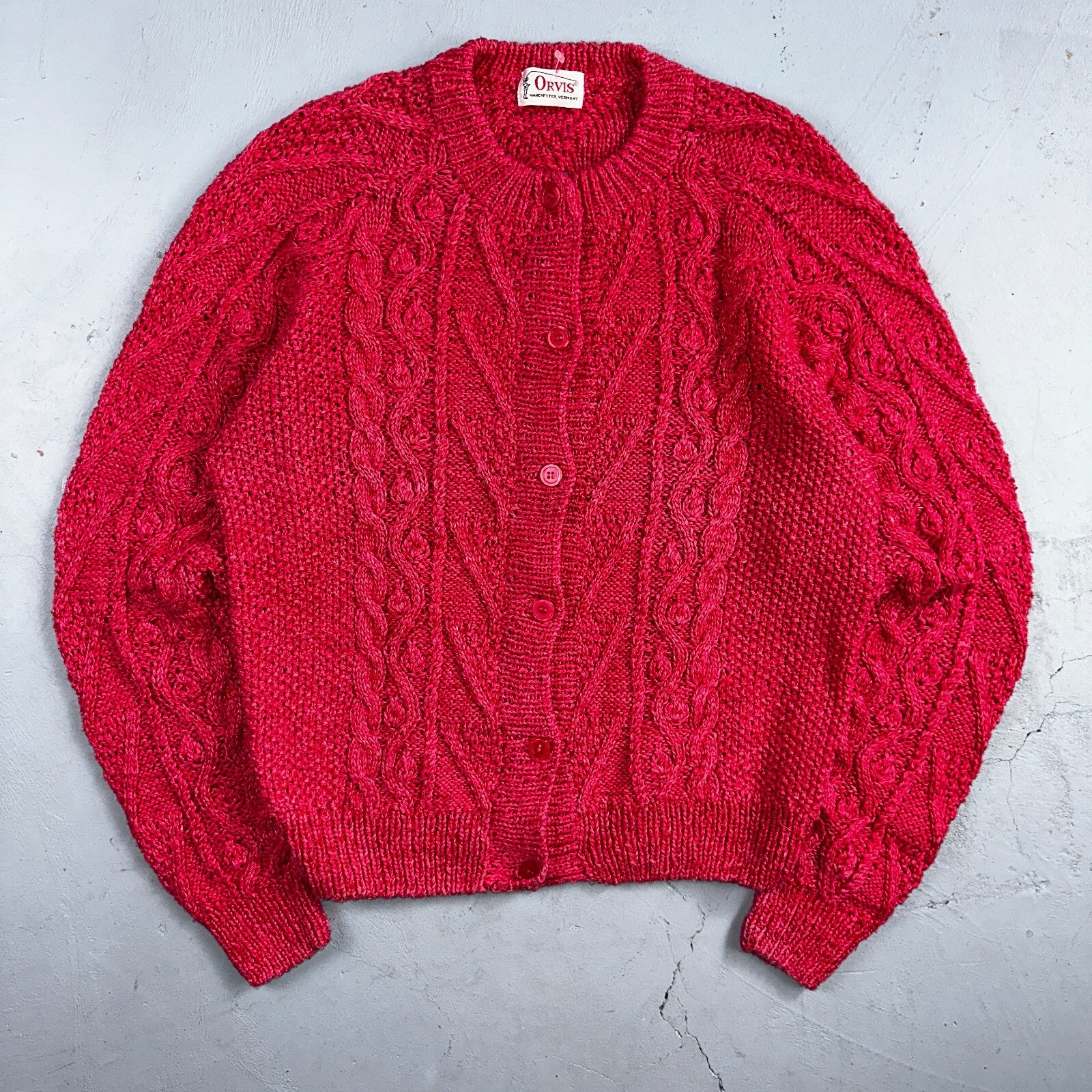 Vintage Orvis Sweater Cardigan Womens Pink Wool Cable Knit Chunky Vermont 90s