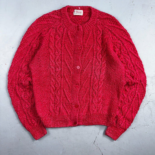 Vintage Orvis Sweater Cardigan Womens Pink Wool Cable Knit Chunky Vermont 90s