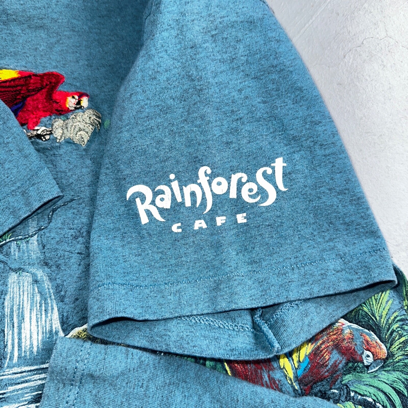 Vintage 90s Rainforest Cafe T Shirt Small Blue AOP All Over Print USA Made Rare