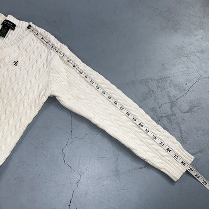 Lauren Ralph Lauren White Cable Knit V Neck Pullover Sweater Womens M Cotton