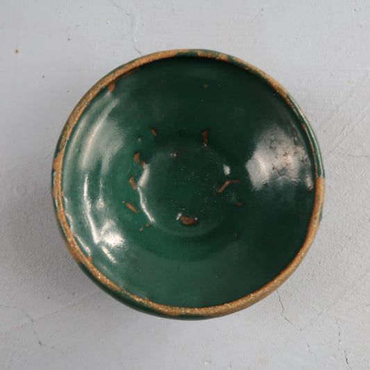 Green Glazed Small Size Motif Bowl Cute Ceramic Green VTG 90s Handmade Art Folk