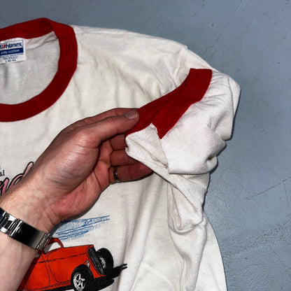 Cars Sandblast 1987 VTG T Shirt Sunset Beach Street Rods Ringer Oregon Graphic