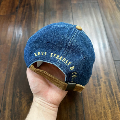 Vintage Levis Jeans Blue Denim w/ Brown Suede Leather Bill Strapback Hat Cap