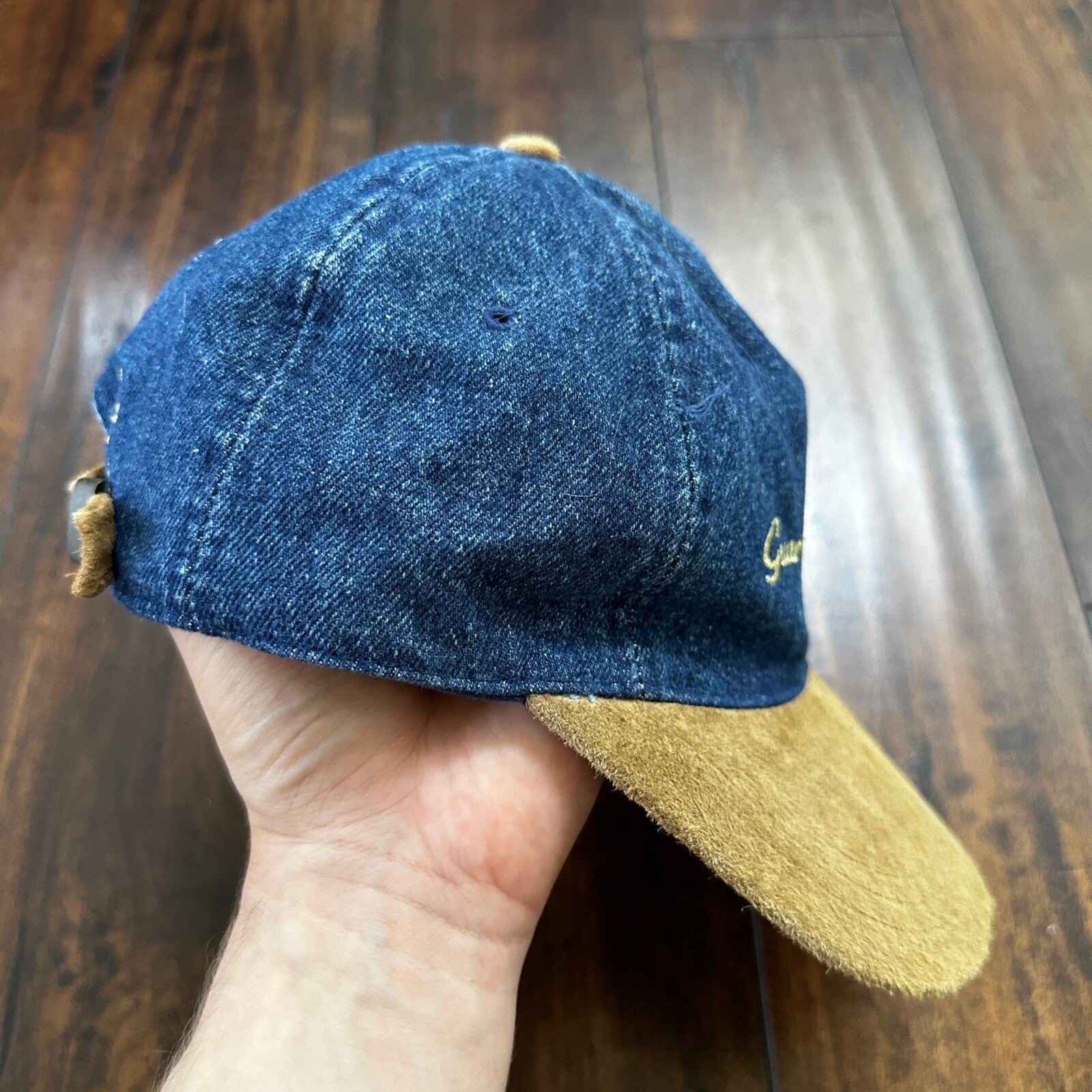 Vintage Levis Jeans Blue Denim w/ Brown Suede Leather Bill Strapback Hat Cap