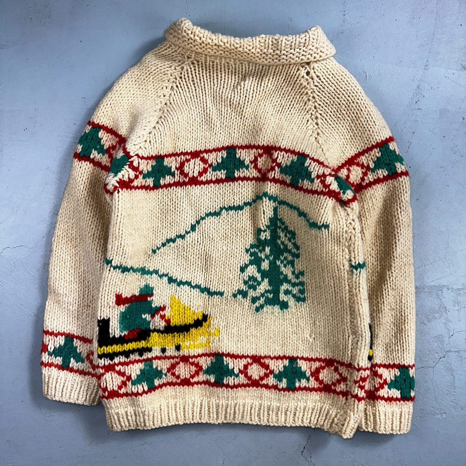 VTG 1950’s Cowichan Wool Full Zip Up Hand Knit Sweater Winter Sled Novelty Talon