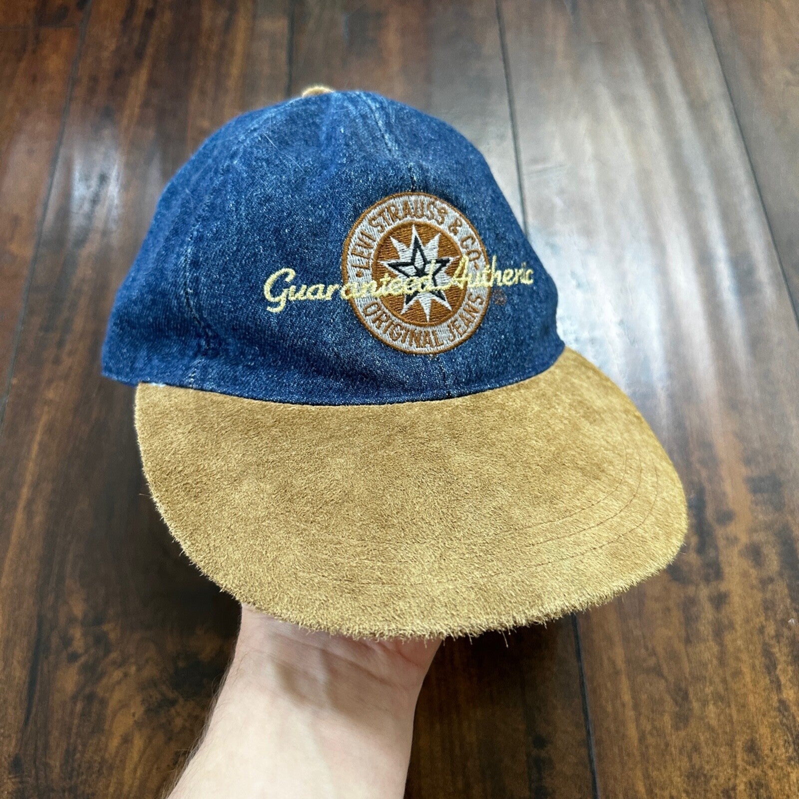 Vintage Levis Jeans Blue Denim w/ Brown Suede Leather Bill Strapback Hat Cap