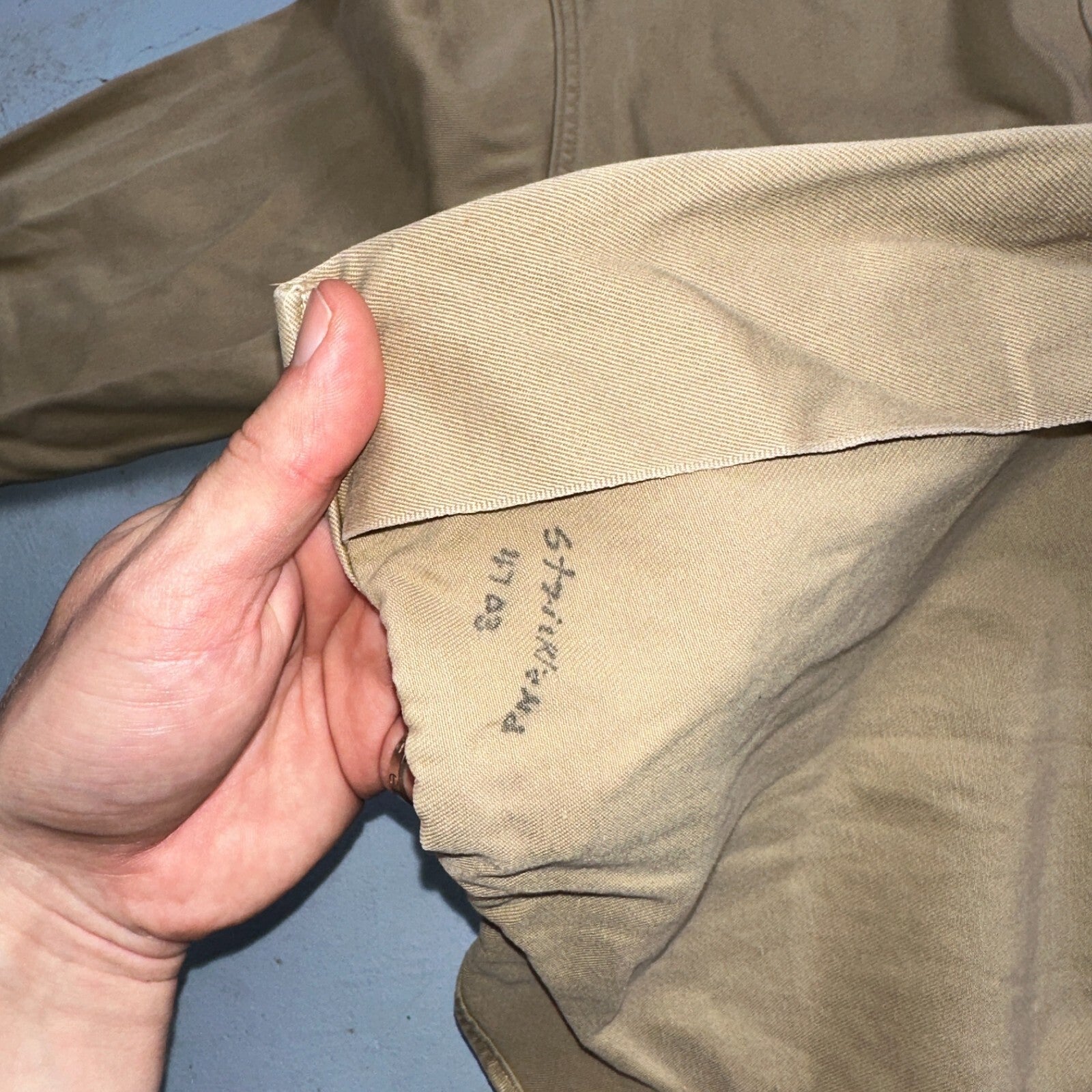 Vintage 40s WWII Gusset Khaki Work Army Military Button Shirt Stencil USN