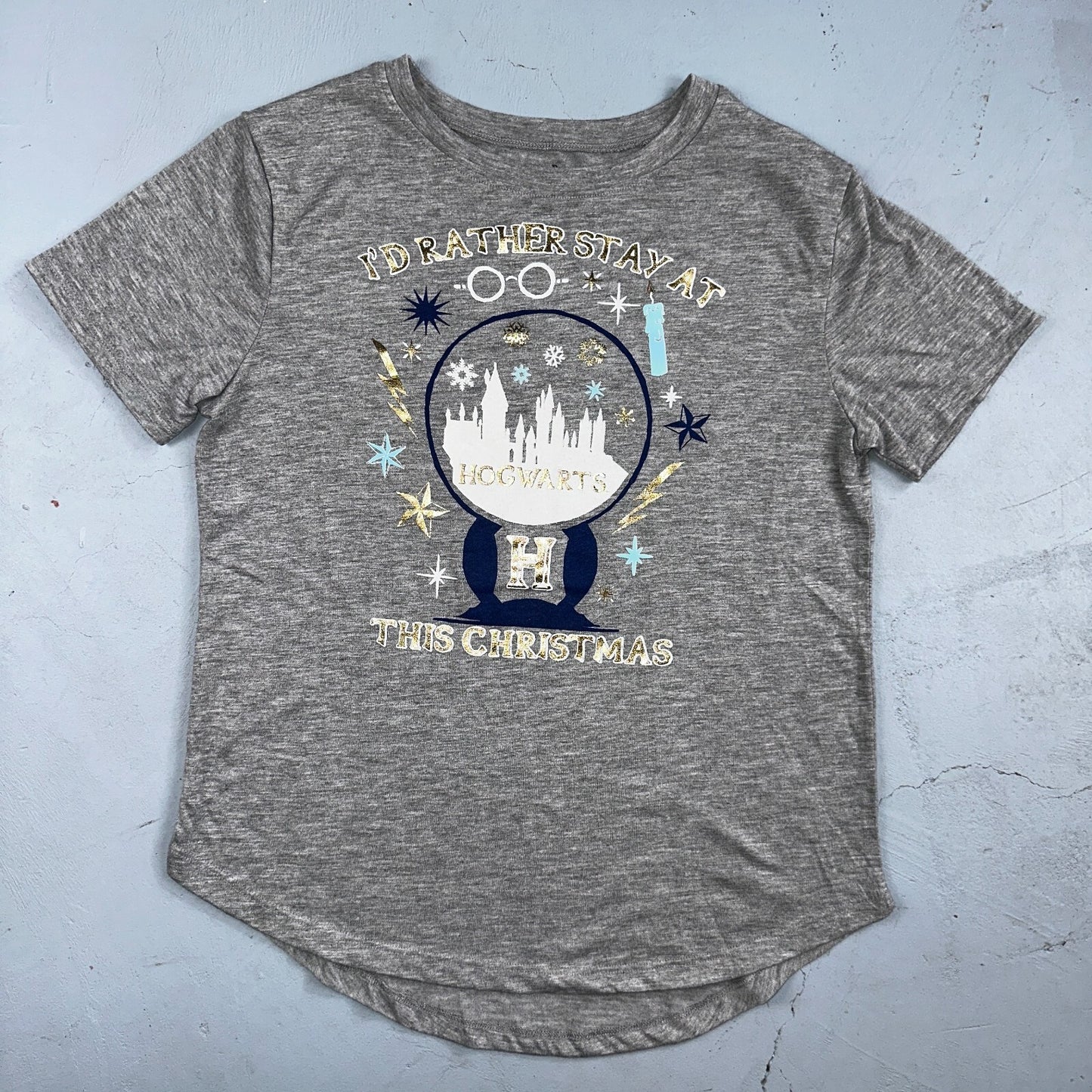 Harry Potter I'd Rather Stay at Hogwarts This Christmas T Shirt Jr Size M 7-9