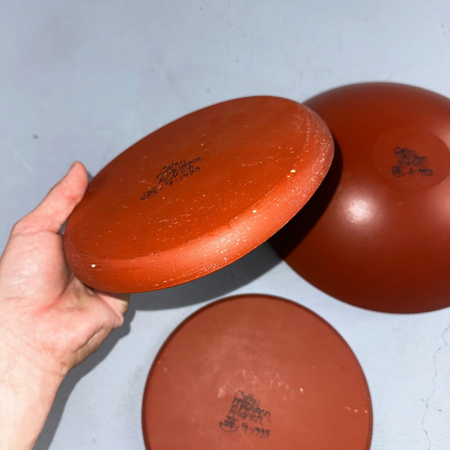 1993 Signed Studio Pottery Plate Bowl Set Cathy Maureen Aldrich Red Wood Art 90s