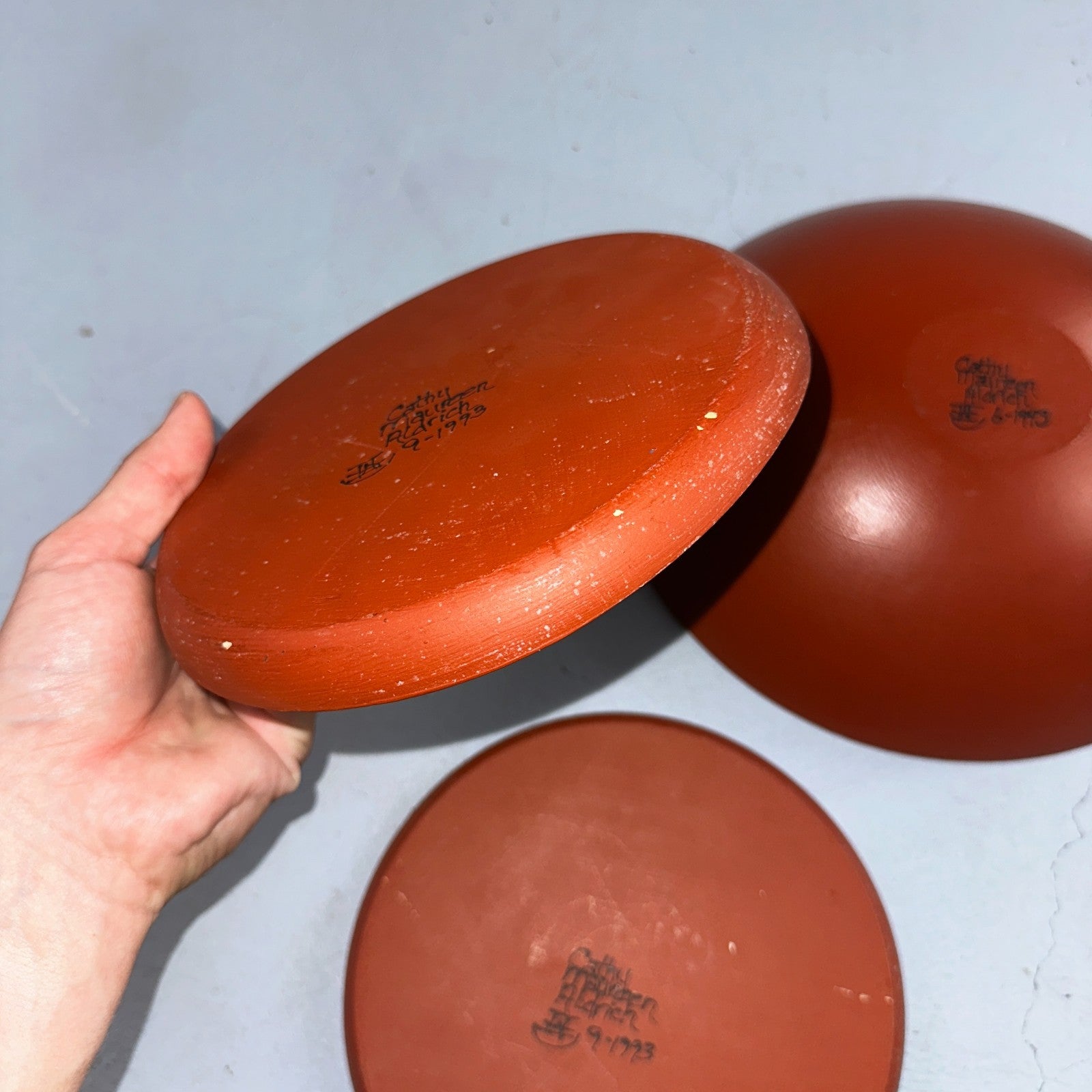 1993 Signed Studio Pottery Plate Bowl Set Cathy Maureen Aldrich Red Wood Art 90s