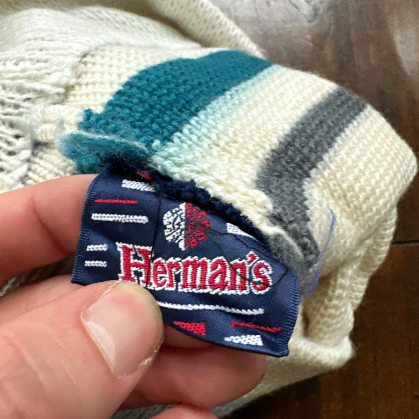 Vintage Hermans 100% Wool Beanie Winter Ski Hat Unisex White Blue Stripe Cap