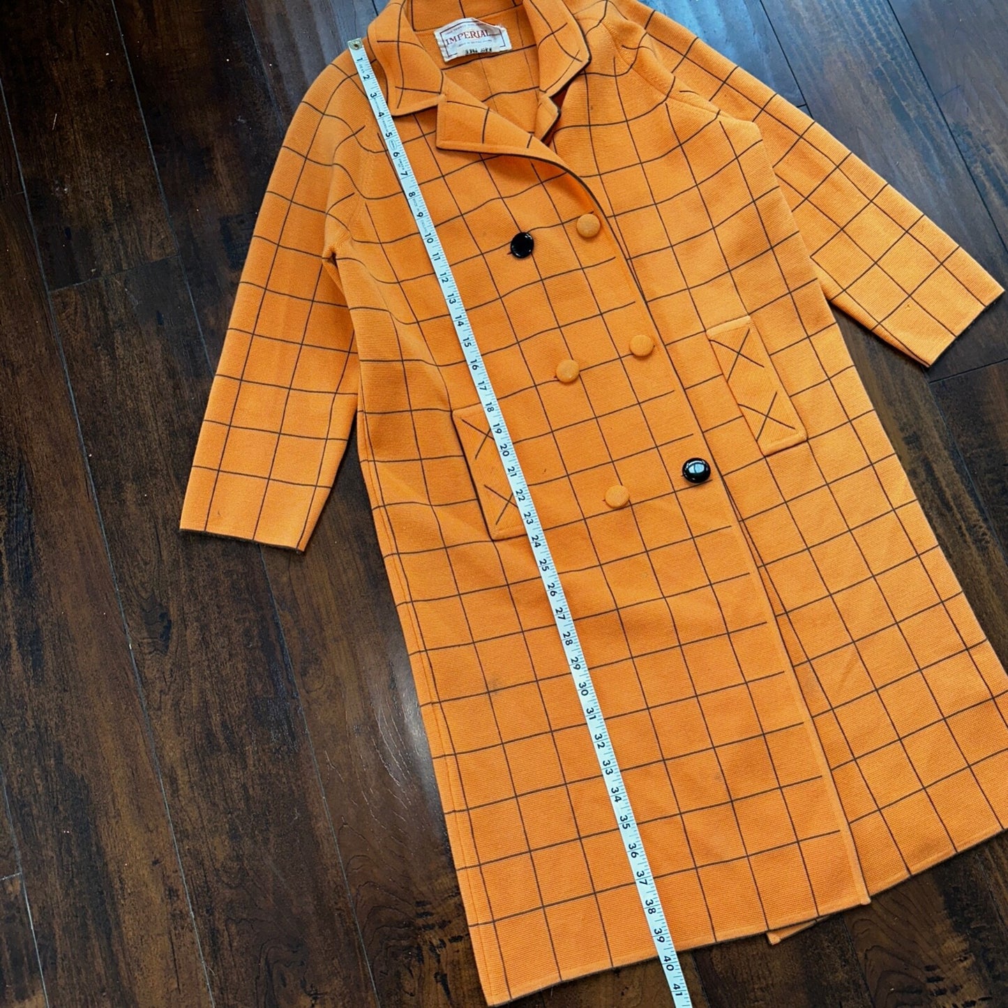 VTG 100% Wool Imperial Long Check Overcoat Womens Orange Rockabilly 1960s 70s