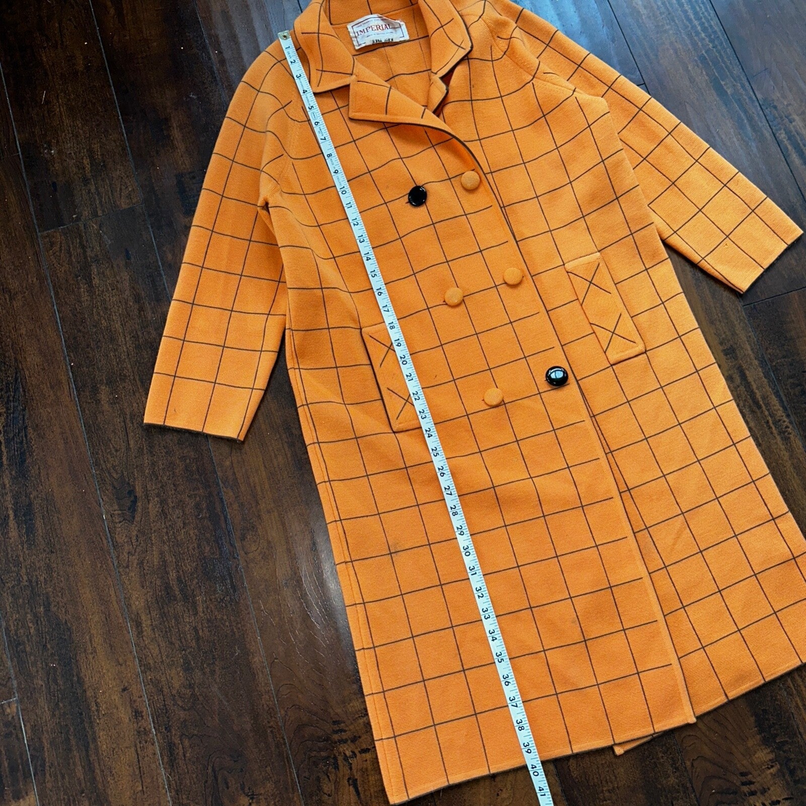VTG 100% Wool Imperial Long Check Overcoat Womens Orange Rockabilly 1960s 70s