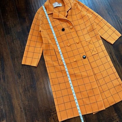 VTG 100% Wool Imperial Long Check Overcoat Womens Orange Rockabilly 1960s 70s
