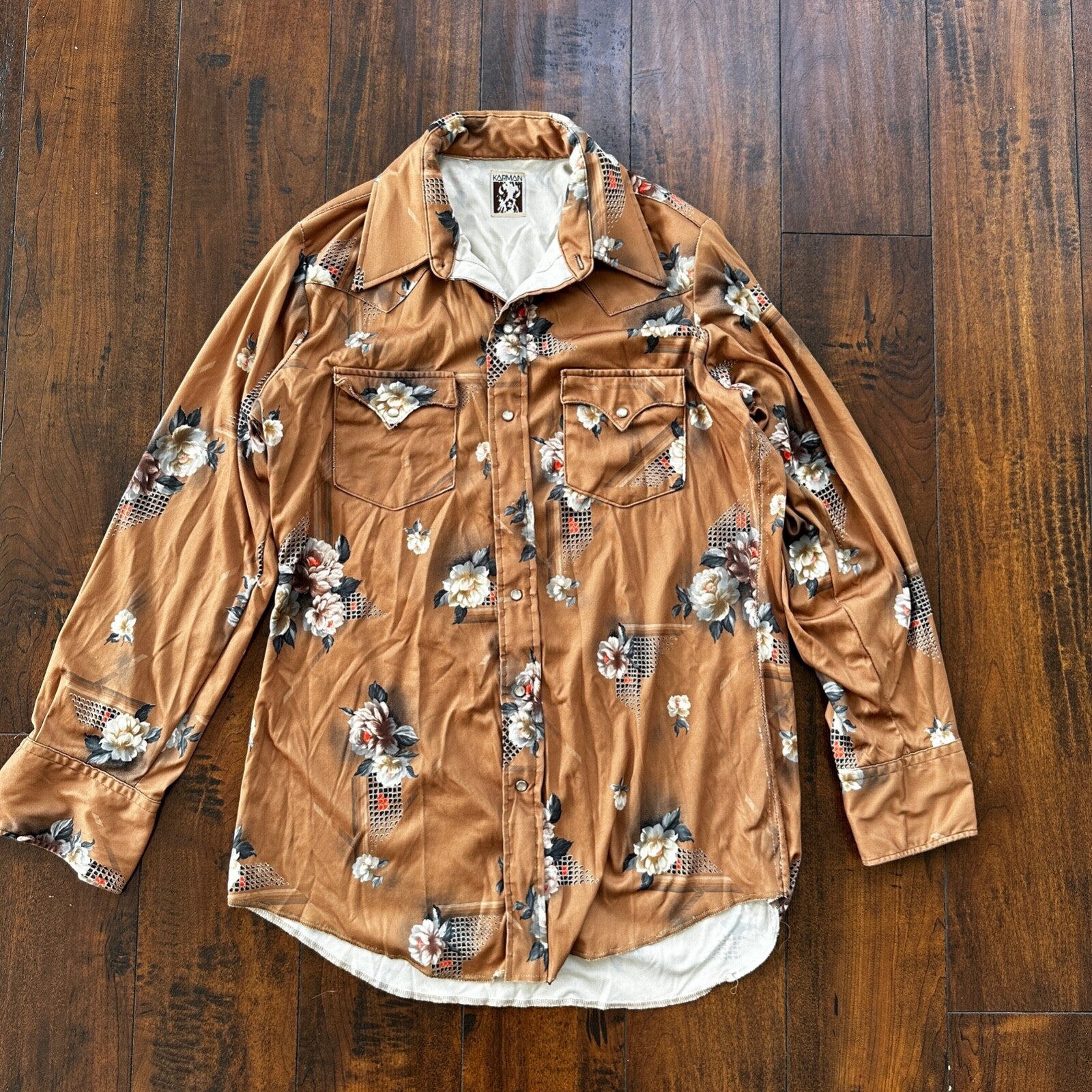 VTG 80s Karman Plaid Shirt Mens Extra Long Tail Pearl Snap Button Up Poly